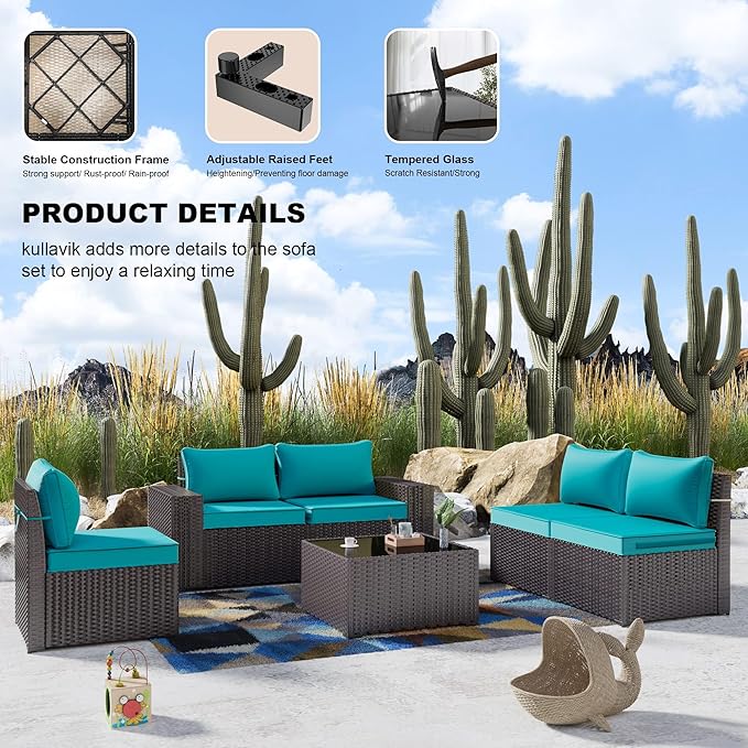 Kullavik 6PCS Outdoor Patio Furniture Set PE Wicker Rattan Sectional Sofa Patio Conversation Sets,Blue