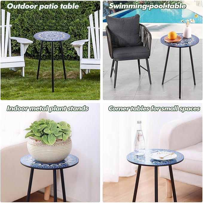 Metal Outdoor Side Tables Set of Two Small Outside Round End Table for Patio Modern Accent Garden Corner Table for Small Spaces, Balcony, Porch, Weather-Resistant, Plant Stand Indoor, Blue