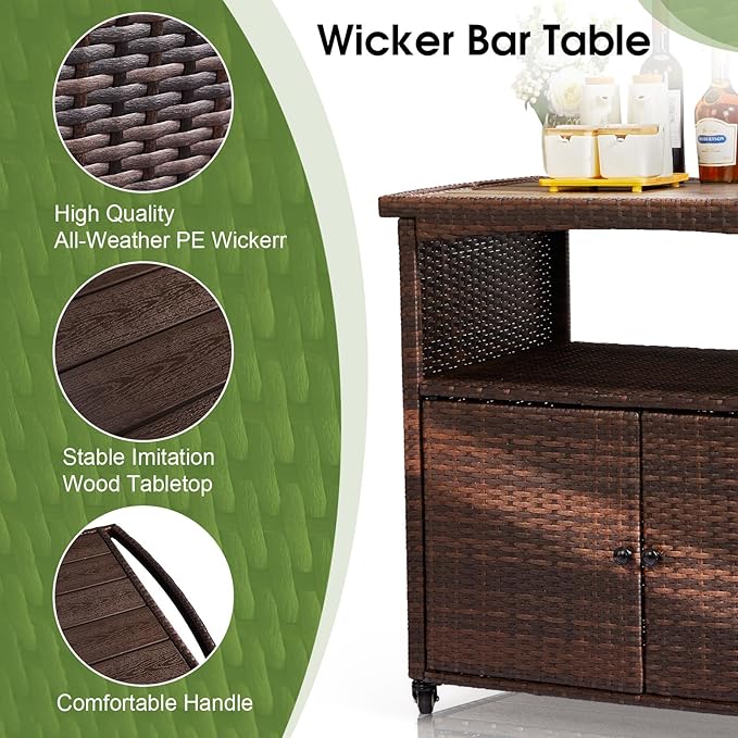 VINGLI Wicker Outdoor Bar Cart with Storage & Rolling Wheels, Patio Bar Table w/Shelf, Outdoor Storage Cabinet Buffet Cabinet Grill Cart for BBQ Pool Patio Kitchen, Brown