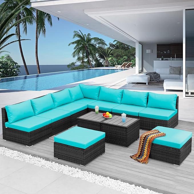NICESOUL 11 Piece L Shaped Outdoor Conversation Set, 29.3'' High Back Comfy Wicker Patio Sectionals, Large Size Wide & Deep Seat Sofa Couches, 9 Seater Modern Furniture, 2 Color Cushion Teal & Gray