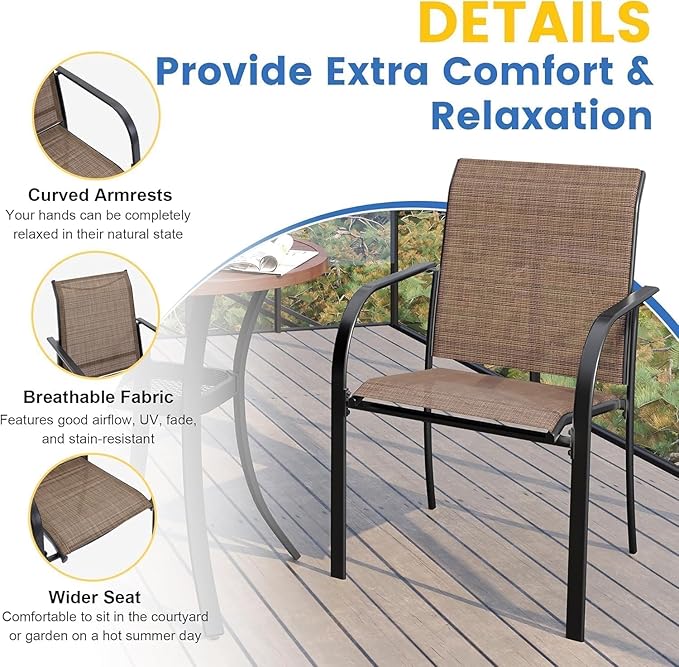 VICLLAX Patio Dining Set for 6, All Weather Metal Outdoor Furniture Set- 47" Round Patio Table and Chairs, Walnut Tabletop and Brown Fabric