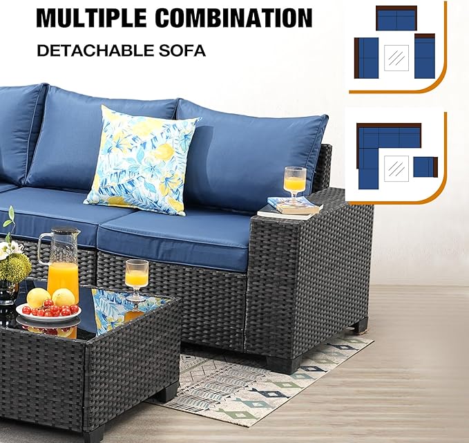 7 Pieces Patio Furniture Set All-Weather Outdoor Wicker Sectional Conversation Sofa Rattan Patio Seating Sofa with Cushion and Glass Table and Ottoman for Porch Poolside,Navy