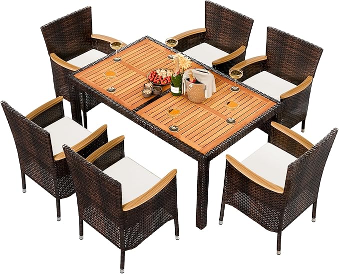 Shintenchi 7 Piece Patio Dining Set, Wicker Patio Conversation Set with Wooden Table Top, Outdoor Table and Chairs with Soft Cushions for Backyard, Deck and Garden, Brown Rattan