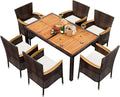 Shintenchi 7 Piece Patio Dining Set, Wicker Patio Conversation Set with Wooden Table Top, Outdoor Table and Chairs with Soft Cushions for Backyard, Deck and Garden, Brown Rattan
