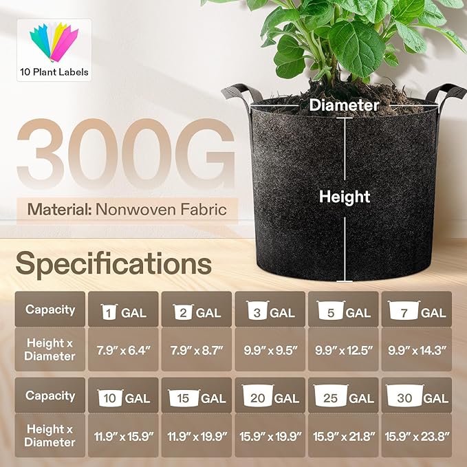 VIVOSUN 5-Pack 1 Gallon Heavy Duty Thickened Nonwoven Fabric Pots Grow Bags with Handles