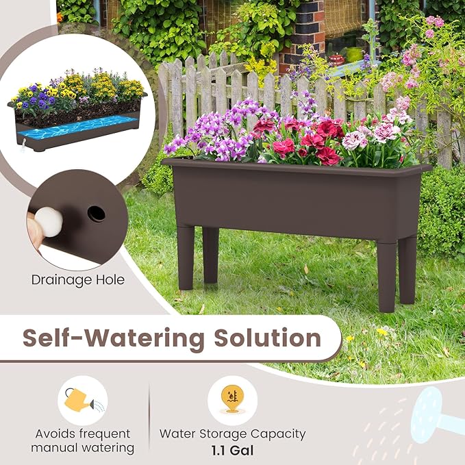 Giantex Raised Garden Beds Outdoor Set of 2, Self-Watering Planter Box with Detachable Legs & Drainage Hole, Outdoor Raised Container for Vegetable Fruit Herbs, 31.5”Lx12”Wx16”H, Easy Assembly (Brown)
