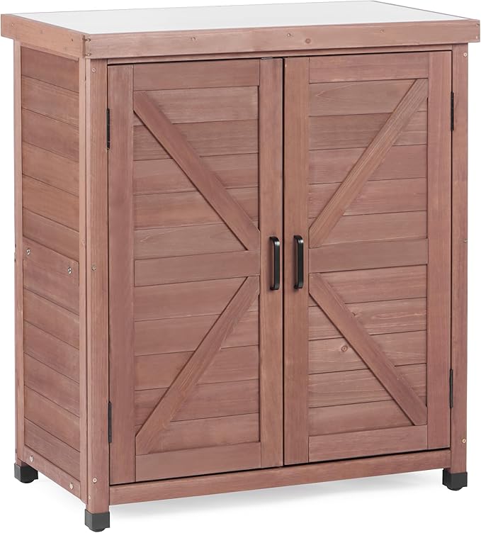 Outdoor Potting Bench with Storage Cabinet and Metal Top, Wood Workstation for Outdoor Patio, Garden (Coffee Brown, 31x17x36‘’)