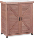 Outdoor Potting Bench with Storage Cabinet and Metal Top, Wood Workstation for Outdoor Patio, Garden (Coffee Brown, 31x17x36‘’)