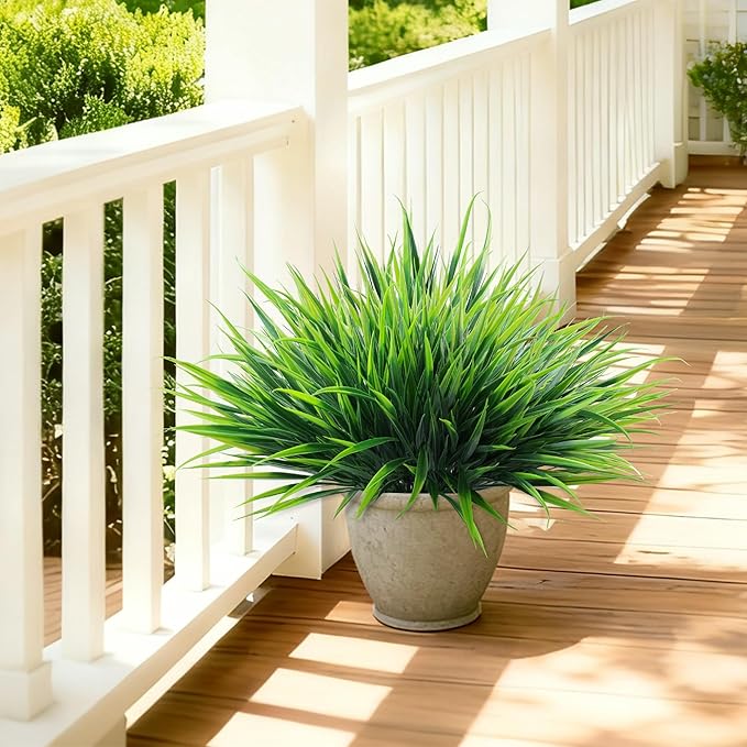12Pcs Artificial Plants Outdoor Fake Plastic Grass Spring Decoration UV Resistant Faux Greenery Stems Bushes Outside Fake Plants for Planters Patio Porch Window Box Pathway Garden Home Decor, Green