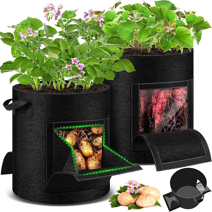 2 Pack 15 Gallon Potato Grow Bags with Pull-Down Harvest Window, Potato Bags for Growing Potatoes Heavy Duty Thickened Nonwoven Fabric Gardening Vegetable Growing Bags with Visible Window