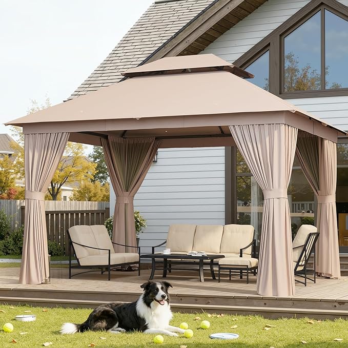 Aoxun Outdoor Gazebo for Patio 10x12 Metal Frame Canopy with Double Roofs Heavy Duty Party Tent and Shelter with Mosquito Netting and Privacy Screen for Backyard, Lawn, Garden, Deck (Khaki)