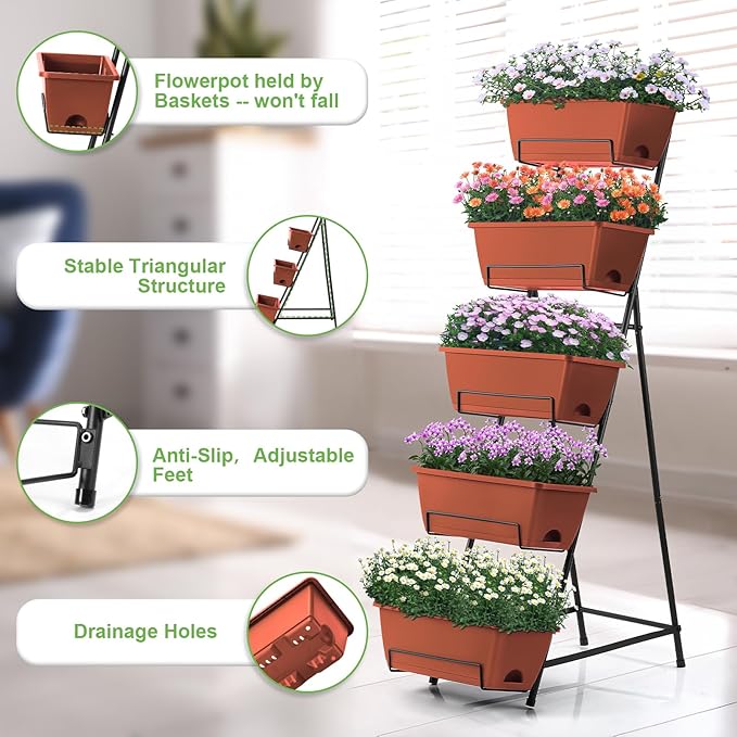 5 Tier Vertical Raised Garden Bed Planter Box, Vertical Raised Bed with Drainage Holes for Indoor Outdoor Herbs Flowers Vegetables Plants, Red