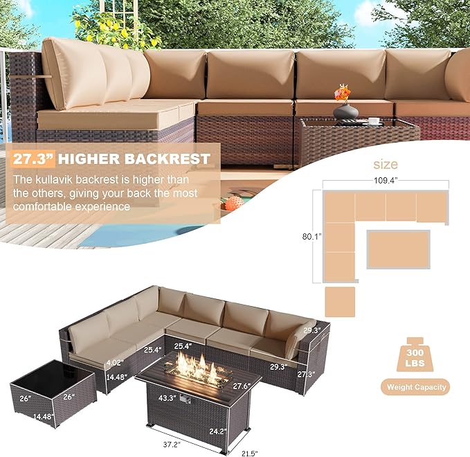 Kullavik 8 Pieces Outdoor Patio Furniture Set with 43" 55000BTU Gas Propane Fire Pit Table PE Wicker Rattan Sectional Sofa Patio Conversation Sets,Khaki