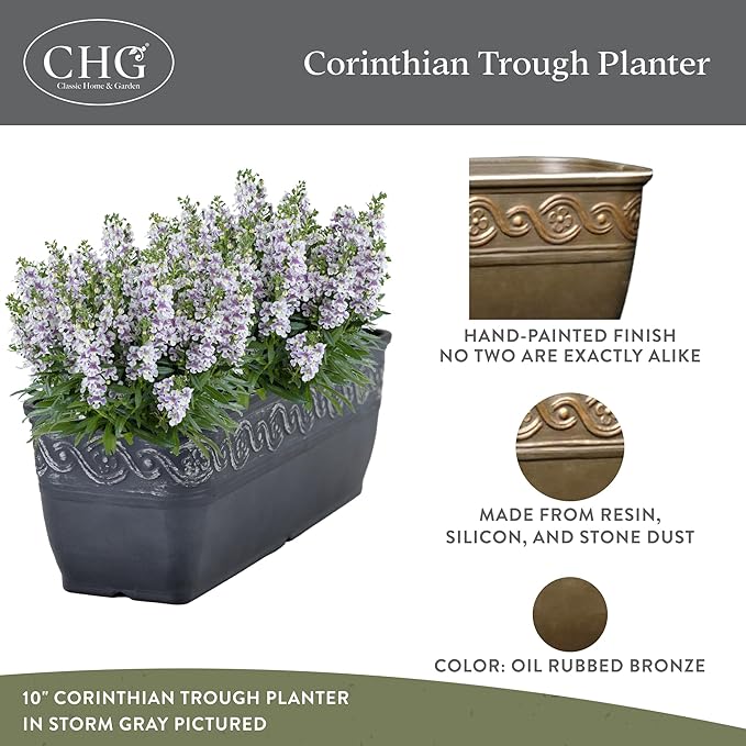 Classic Home and Garden Corinthian Trough Planter, 10", Bronze, Pack of 3