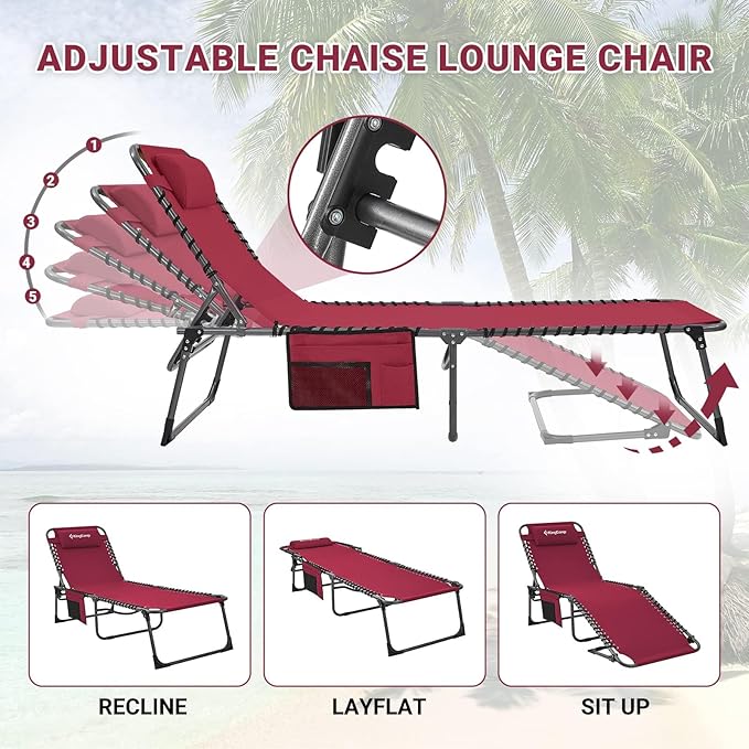 KingCamp 2 Pack Lounge Chair Outdoor, Folding Portable Tanning Chairs Comfy Adjustable 5-Position Lay Flat Foldable Chaise Chaser Lounger with Pillow for Outside Beach Patio Sun Bathing Pool, Wine