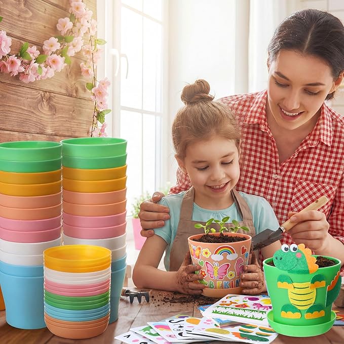 Capoda 24 Sets Garden Flower Pots Crafts Kit DIY Spring Plastic Seedling Nursery Pots with Stickers Plant Labels Growth Charts Planting Growing Tools Classroom Activities Project Gifts (Colorful)