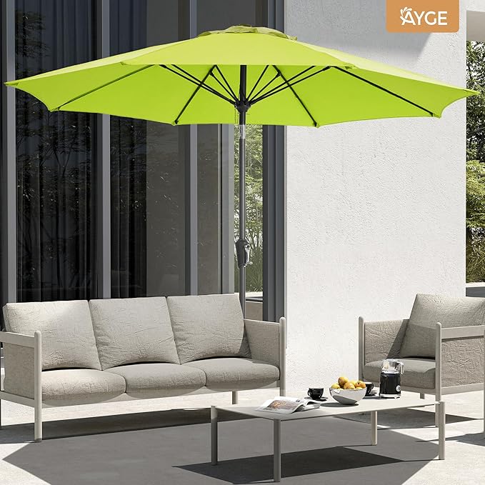 Ayge 9FT Large Outdoor Patio Umbrella Market Table Umbrella-UV Resistant, Easy Push Button Tilt and Crank, 8 Sturdy Fiberglass Ribs Heavy-Duty Pool Umbrella for Deck, Backyard,Garden,Lime