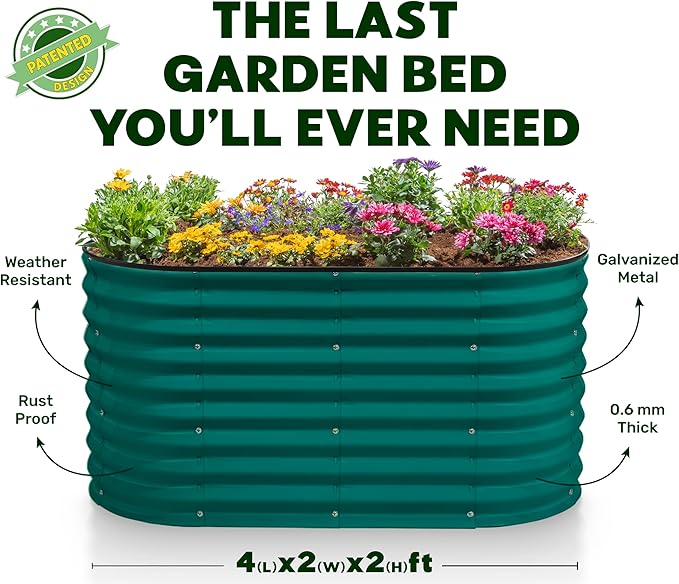 Plant & Plot Galvanized Raised Garden Beds Outdoor // 4×2×2 ft Planter Raised Beds for Gardening, Vegetables, Flowers // Large Metal Garden Box (Dark Green) // Patented Tool-Free Design