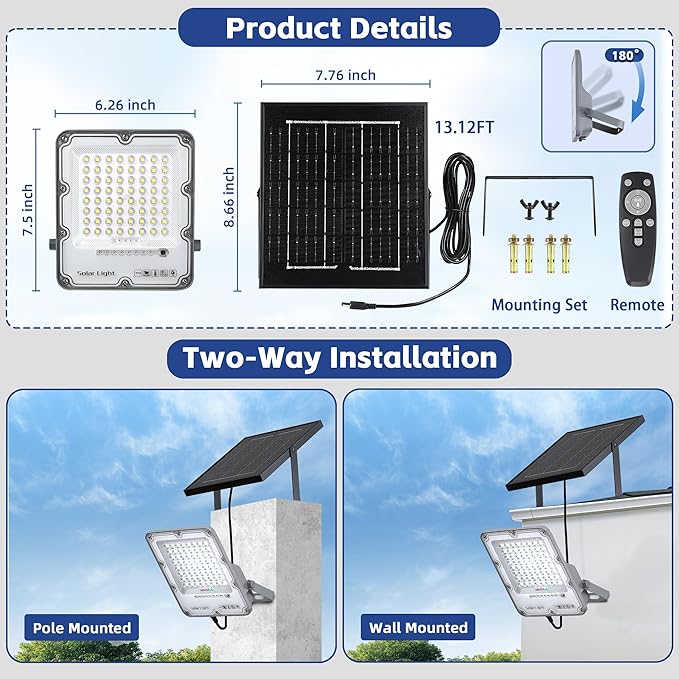 100W Solar Flood Light Outdoor Waterproof, 24000LM 6500K LED Solar Street Light with Remote, Dusk to Dawn Solar-Powered Lamp, Split Type Security Lighting with 13FT Cable for Parking Lot Yard Garage