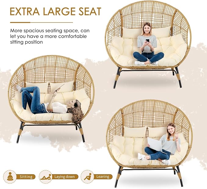 NICESOUL® Double Egg Chair Indoor Outdoor Stationary Oversized Thicken Padded Cushions,2 Person Egg Loveseat Chair,680 lbs Extra Large Lounge Chair for Patio Balcony Porch Backyard Beige with Cover