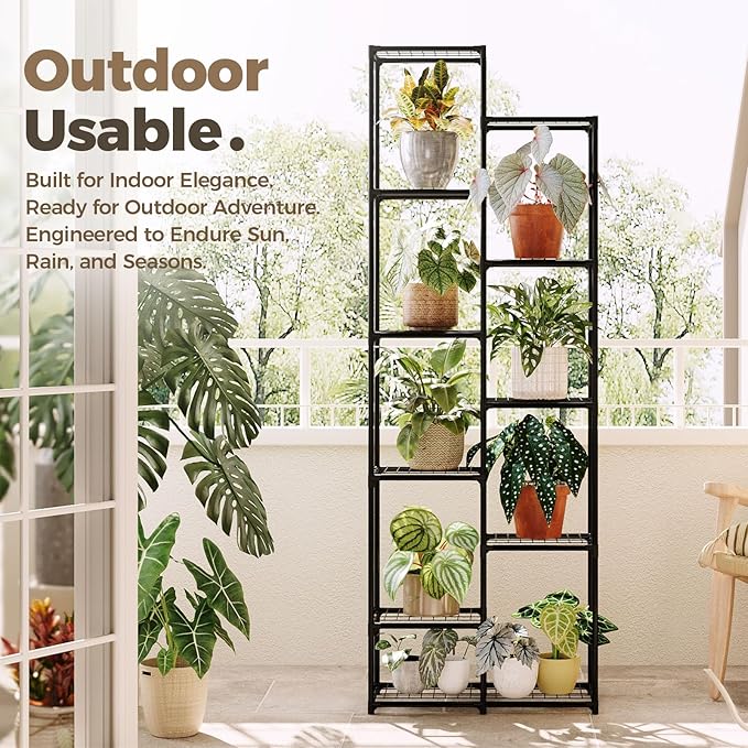 Bamworld Plant Stand Indoor Outdoor 11 Tire Tall Large Metal Plant Shelf Multi Tier Flower Stands Garden Shelves Wooden Plant Display Holder Rack for Living Room Corner