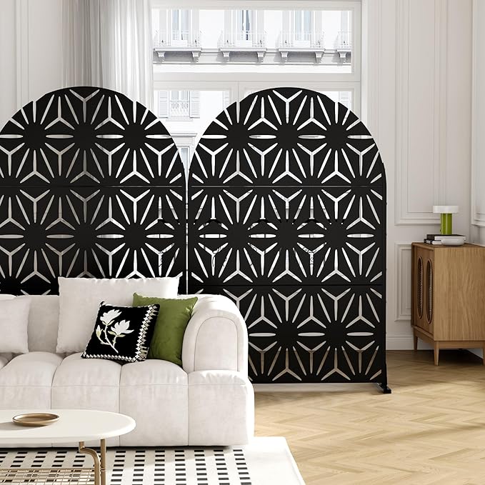 Casaphoria 72" H x 47" W Arched Metal Privacy Screen - Elegant Freestanding Outdoor Screen for Deck, Patio & Balcony - Versatile Decorative Privacy Panels for Home & Garden Use (Black-Star)