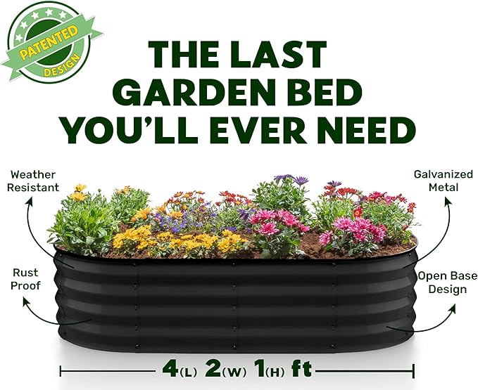 Plant & Plot Galvanized Raised Garden Beds Outdoor // 4×2×1 ft Planter Raised Beds for Gardening, Vegetables, Flowers // Large Metal Garden Box (Black) // Patented Tool-Free Design