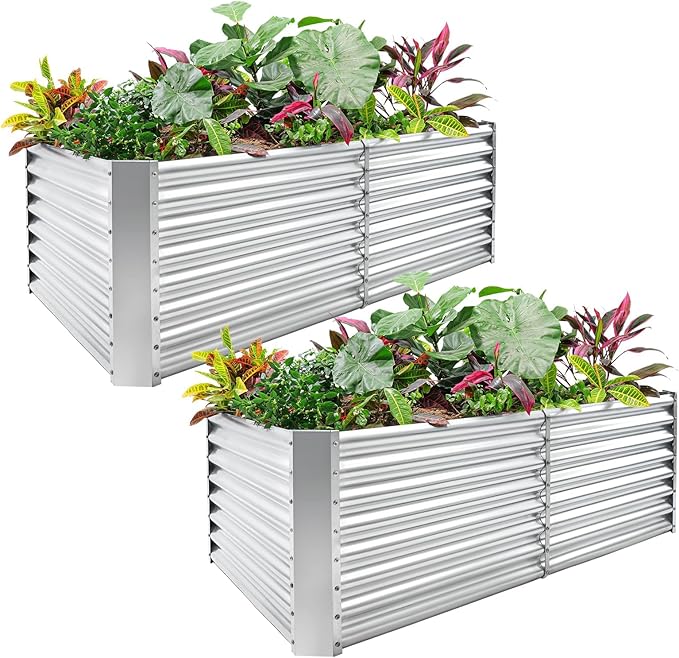 Land Guard 2 Pack 8×4×2ft Galvanized Raised Garden Bed Kit, Galvanized Planter Raised Garden Boxes Outdoor, Large Metal Raised Garden Beds for Vegetables (Silver)