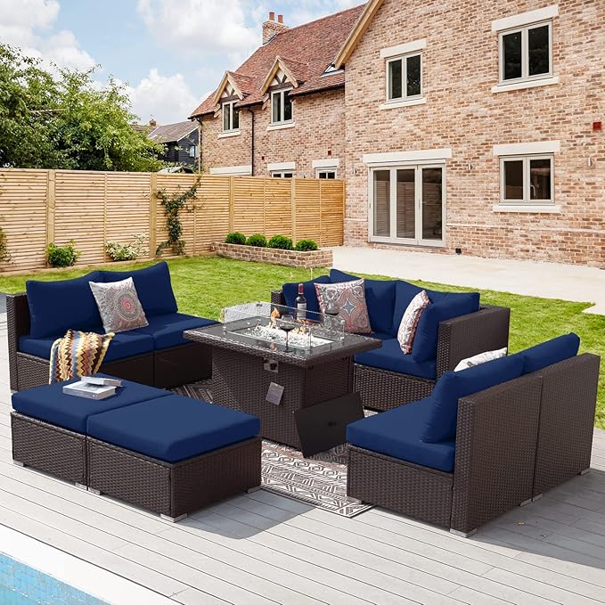 NICESOUL 9 Piece Patio Furniture Set with Fire Pit Natural Gas/Propane, 29.3'' High Back Comfy Outdoor Wicker Conversation Set, XL Large Deep Sitting Sectional Sets, Brown Rattan and Navy Blue Cushion