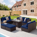 NICESOUL 9 Piece Patio Furniture Set with Fire Pit Natural Gas/Propane, 29.3'' High Back Comfy Outdoor Wicker Conversation Set, XL Large Deep Sitting Sectional Sets, Brown Rattan and Navy Blue Cushion