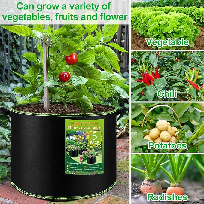 NACHLYNN 5-Pack 5 Gallon Grow Bags Heavy Duty Aeration Fabric Pots with Handles Thickened Nonwoven Fabric Pots Plant or Fruits Flowers Plant for Gardening