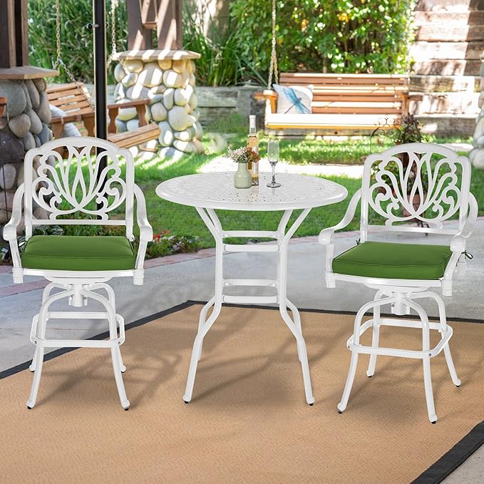 VIVIJASON 3-Piece Patio Swivel Bar Stools Set, All Weather Cast Aluminum Outdoor Bar Height Bistro Set with 2 Cushioned Bar Chairs & 35.4" High Bar Table w/Umbrella Hole for Backyard, Lawn, White