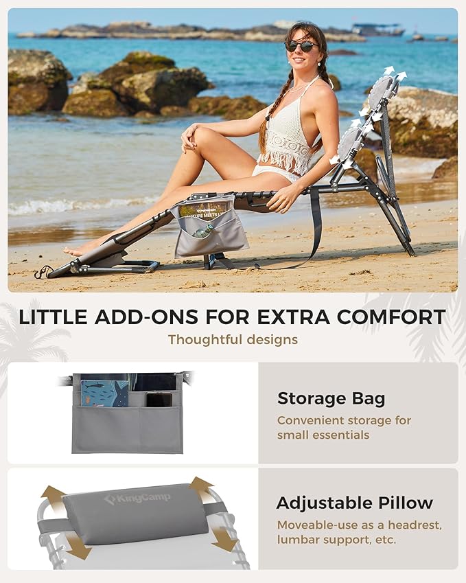 KingCamp 2 Pack Tanning Chair with Face Hole, Lounge Chairs Outdoor Folding Comfy Adjustable 5-Position Foldable Chaise Chaser with Canopy Shade for Outside Beach Patio, Grey