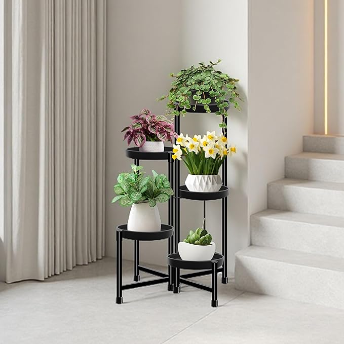 CASIMR Plant Stand Indoor Outdoor, Tall Black Metal Rustproof Stable Plant Stands, 5 Tier 31.6 inch Foldable Multiple Plants Rack Holder Rack Flower Pot Stand Heavy Duty Plant Shelf, Black