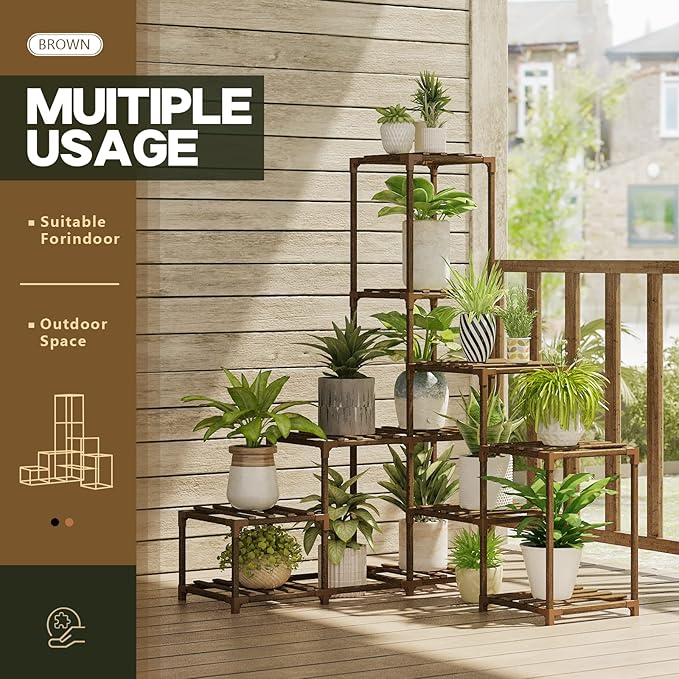 Bamworld Plant Stand Indoor Corner Plant Shelf Wood Plant Holder 13 Pots for Multiple Plants Home Decor for Gardening Gifts