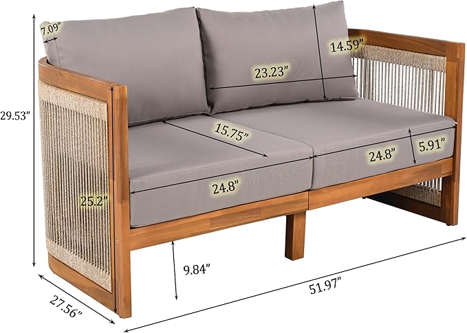 Merax 4-Piece Patio Premium Acacia Wood Outdoor Furniture Set,All Weather Curved Tub Design with Woven Rope Accents Loveseat Chairs and Table for Backyard, Balcony and Deck,Teak+Grey