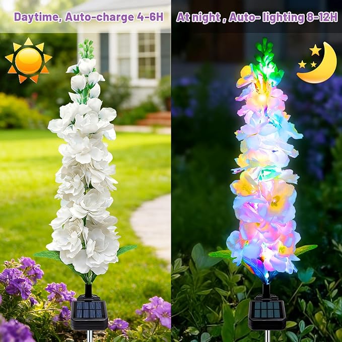 Solar Garden Lights, Delphinium Flowers 2 Pack 40 LEDs, Waterproof Outdoor Lights Two Lighting Modes for Wedding Party Garden Yard Patio Lawn Decor and Gift for Mother