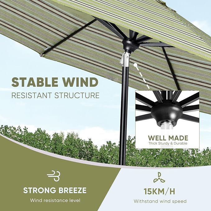 Tempera Patio Market Outdoor Table Umbrella with Auto Tilt and Crank, Large Sun Umbrella with Sturdy Pole & Fade Resistant Canopy, Easy to Set