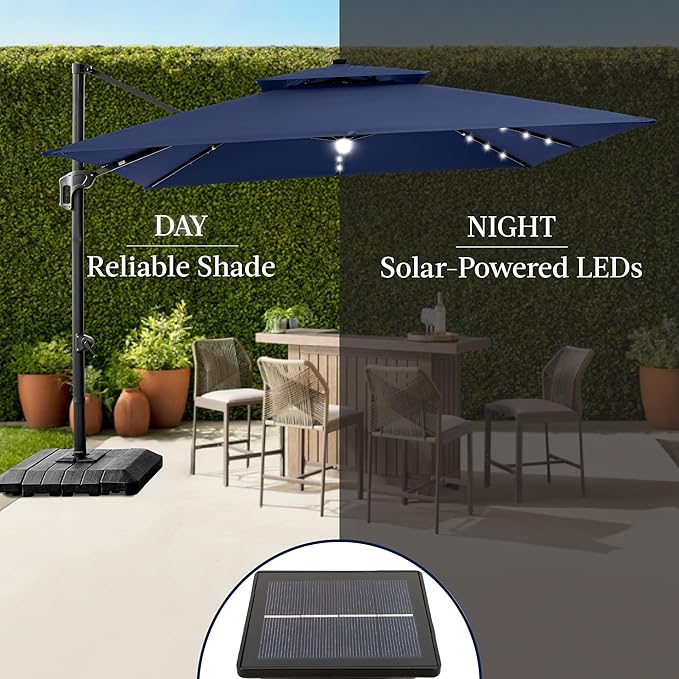 Best Choice Products 12x12ft LED Cantilever Patio Umbrella w/Base Included & 360° Rotation, Large Solar Offset Hanging Outdoor Sun Shade for Deck, Backyard Table w/Stand & Lights – Navy Blue