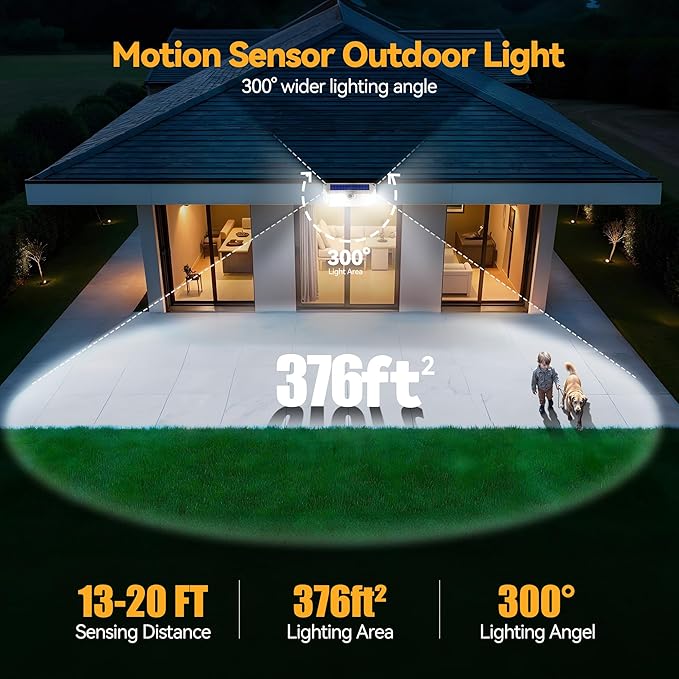 TECKNET 461 LED Solar Powered Outdoor Lights, 270° Angle & 3 Lighting Modes Motion Sensor Light Outdoor, Security Solar Lights Waterproof - 2 Pack, White, Cold Light