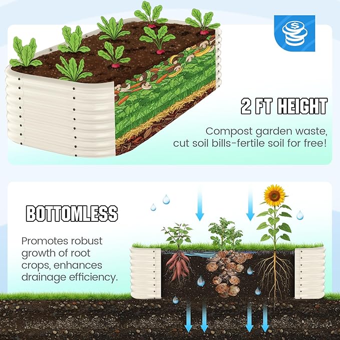 Quictent Galvanized Tall Raised Garden Bed Kit, 8x4x2 ft Oval Large Planting Box, for Vegetables Outdoor Strengthened by Crossbar (Beige)