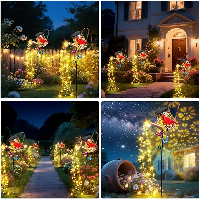 Solar Watering Can with Lights Outdoor Garden, 41in Large Red Cardinal Garden Stake Lights, Waterproof Decoration for Yard Lawn Pathway, Gifts for Mom Grandma Women Birthday Gardening Gift