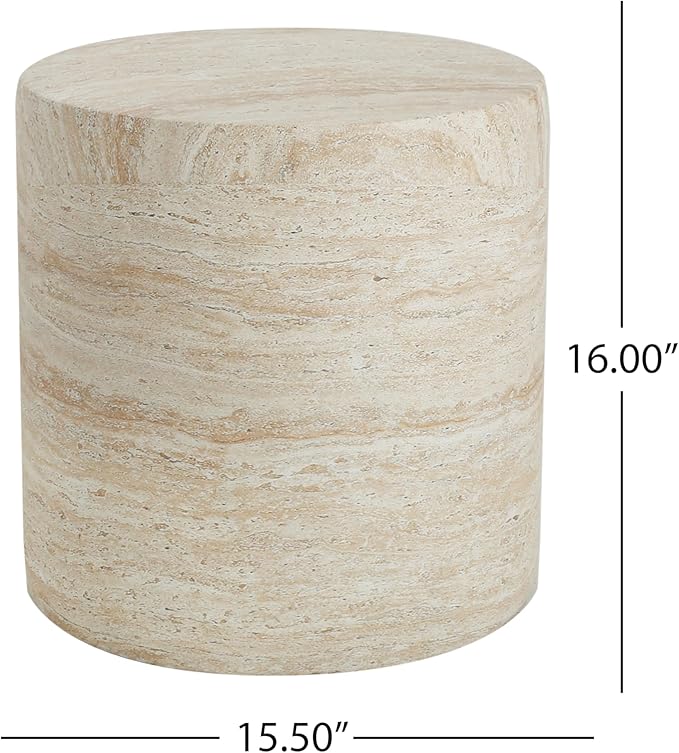 Christopher Knight Home Outdoor Round Side Table,Patio Garden Stool End Coffee Table,Decorative Accent Table for Patio,or Balcony,Lightweight Concrete Material,Travertine