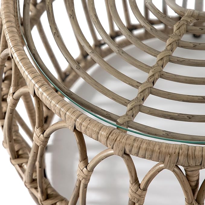 Furniture of America Ysar Boho Rattan Round Coffee Table Outdoor with 5mm Tempered Glass Top, All-Weather and Rust Resistant Patio Furniture