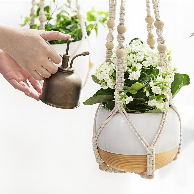 Mkono Macrame Plant Hanger Indoor Hanging Planter Basket with Wood Beads Decorative Flower Pot Holder No Tassels for Indoor Outdoor Boho Home Decor 35 Inch, Ivory, Set of 1 (POTS NOT Included)