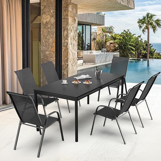 VINGLI 4 Pack Stackable Outdoor Bar Chairs – High Back Sling Chairs with Armrests, Ideal for Lawn, Courtyard, Bar, Black