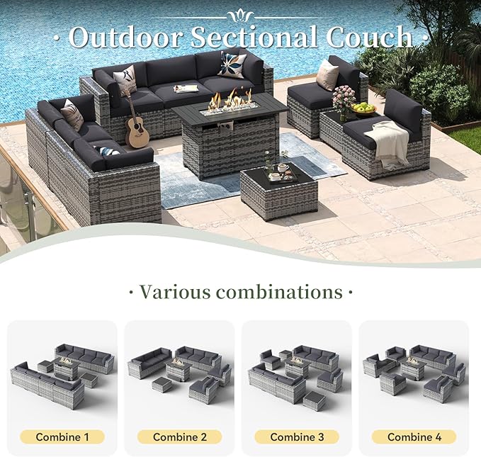 Aoxun 11 Piece Patio Furniture Set with 44” Fire Pit Table Wicker Rattan Outdoor Sectional Sofa Set with Coffee Table and Thickened Cushions, Grey/Black (Waterproof Cover Included)