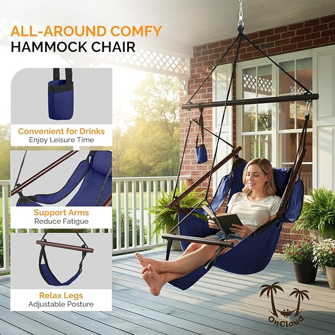 ONCLOUD Upgraded Unique Hammock Hanging Sky Chair, Air Deluxe Swing Seat with Rope (Navy Blue)