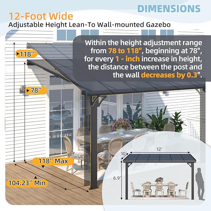 AECOJOY 10' x 12' Adjustable Height Outdoor Lean to Gazebo Pergola for Patio, Large Wall-Mounted 6.5-9.8 Ft Hard Top Metal Heavy Duty Metal Awnings Shelter Pergolas and Gazebos Clearance with Roof