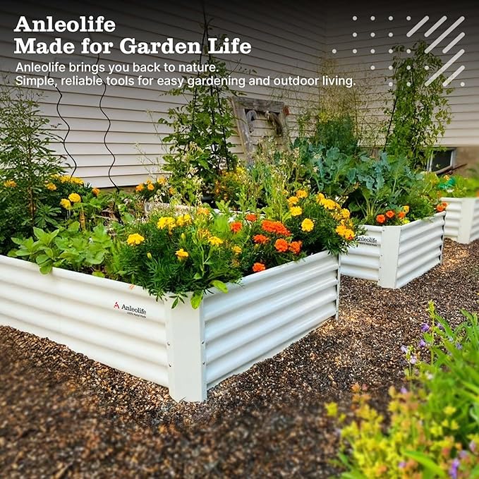 A ANLEOLIFE 6X3X1.5 ft Galvanized Raised Garden Beds Outdoor, Rectangular Metal Planter Box for Planting Vegetables Flowers Herb, Anti-Rust & Easy-Setup, Antique White